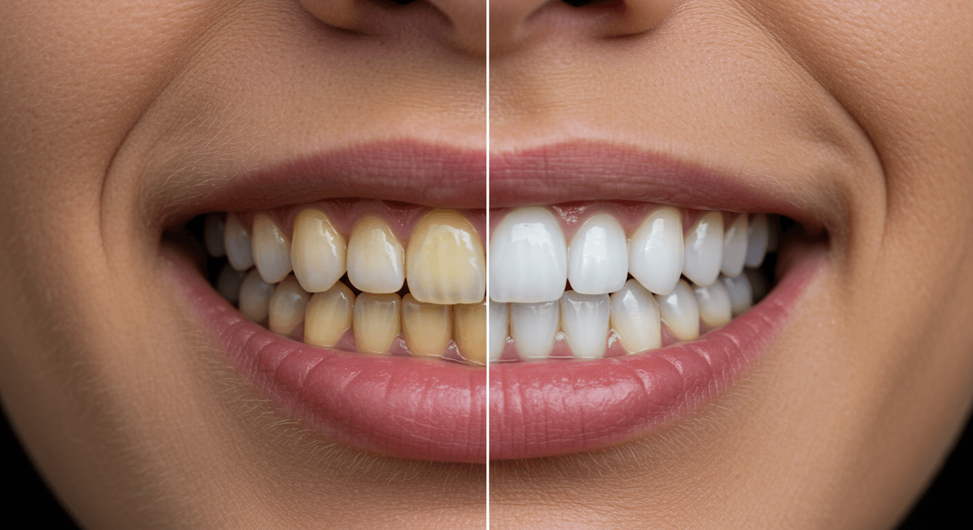 An infographic comparing different teeth whitening methods, including professional whitening, at-home kits, whitening toothpaste, and natural remedies